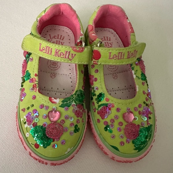 Lelli Kelly Pink/Green Canvas Mary Janes EUR24/US7 Never Worn - Picture 1 of 3